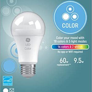 GE LED+ Color Changing Light Bulbs, 18 Colors & 5 Light Modes, No App or Wi-Fi Required, Remote Included, A19 Light Bulb (1 Pack)