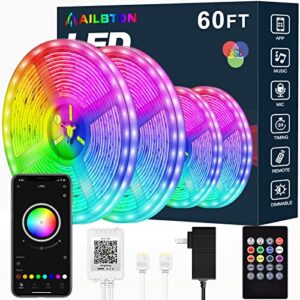 ailbton led strip lights,60ft led light strip music sync color changing rgb led strip built-in mic,bluetooth app control led tape lights with remote,5050 rgb rope light strips