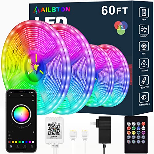 AILBTON Led Strip Lights,60ft Led Light Strip Music Sync Color Changing RGB Led Strip Built-in Mic,Bluetooth App Control LED Tape Lights with Remote,5050 RGB Rope Light Strips