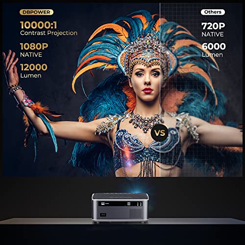 DBPOWER Native 1080P WiFi Projector, Upgrade 12000L 450 ANSI Full HD Outdoor Movie Projector, Support 4K+4P+4D Keystone/Zoom/PPT, 300" Portable Mini Video Projector Compatible w/Phone/Laptop/DVD/PC/TV