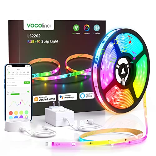 VOCOlinc RGB+IC LED Strip Lights, 16.4ft Smart LED Strip Work with Apple HomeKit, Alexa, Google, High Brightness, Segmented DIY, Music Sync, PU Coating, WiFi LED Lights for Bedroom,TV Christmas Decor