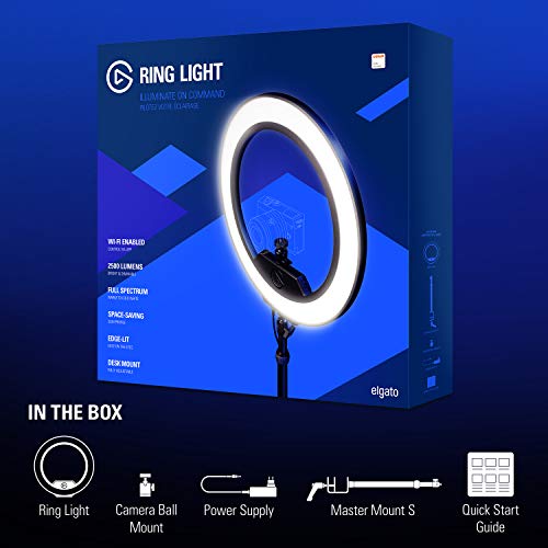 Elgato Ring Light - Premium 2500 lumens Light with desk clamp and ball mount for Streaming, TikTok, Instagram, Home Office, Temperature and Brightness app-adjustable on Mac, PC, iOS, Android