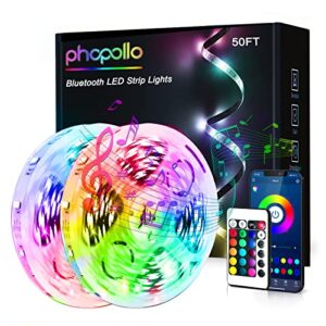 phopollo led strip lights, 50ft (2rolls of 25ft ) bluetooth led lights for bedroom, smart app control, music sync led light strip, color changing with remote, flexible room lighting home decor.