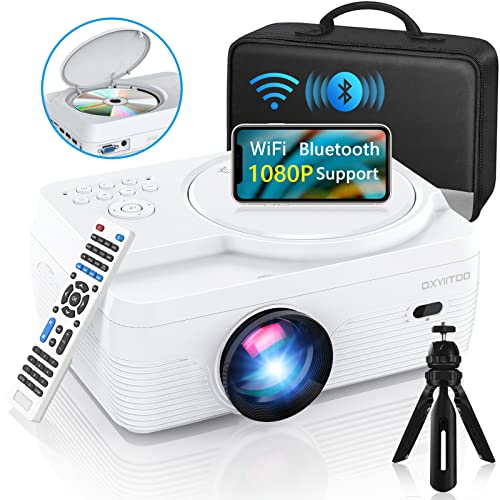 Full HD WiFi Bluetooth Projector Built in DVD Player, 8000LM 1080P Supported, Portable Mini DVD Projector for Outdoor Movies, 250" Home Theater, Compatible with iOS/Android/TV Stick/PS4/HDMI/USB/TF