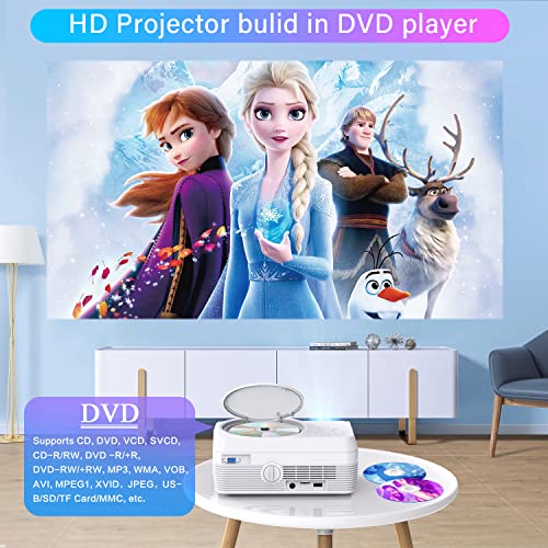 Full HD WiFi Bluetooth Projector Built in DVD Player, 8000LM 1080P Supported, Portable Mini DVD Projector for Outdoor Movies, 250" Home Theater, Compatible with iOS/Android/TV Stick/PS4/HDMI/USB/TF