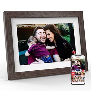 bihiwoia digital picture frame digital photo frame, frameo digital frame wifi 10 inch,touch screen, 16gb storage, send pictures and videos to the digital frame from anywhere (brown)