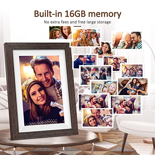 BIHIWOIA Digital Picture Frame Digital Photo Frame, Frameo Digital Frame WiFi 10 Inch,Touch Screen, 16GB Storage, Send Pictures and Videos to The Digital Frame from Anywhere (Brown)