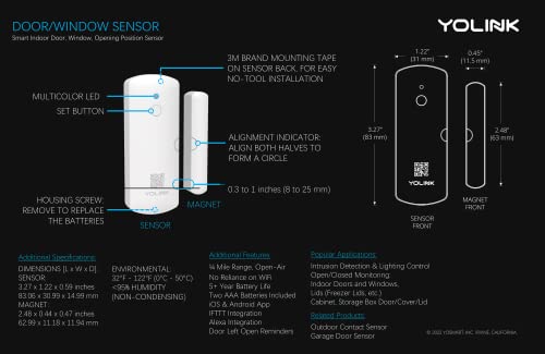 YoLink Door Sensor, 1/4 Mile World's Longest Range Smart Home Wireless Window Door Sensor Works With Alexa IFTTT, Smart Sensor with Remote Monitor App Notifications Open Reminder - YoLink Hub Required