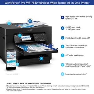 Epson Workforce Pro WF-7840 Wireless All-in-One Wide-Format Printer with Auto 2-Sided Print up to 13" x 19", Copy, Scan and Fax, 50-Page ADF, 500-sheet Paper Capacity, 4.3" Screen