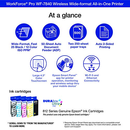 Epson Workforce Pro WF-7840 Wireless All-in-One Wide-Format Printer with Auto 2-Sided Print up to 13" x 19", Copy, Scan and Fax, 50-Page ADF, 500-sheet Paper Capacity, 4.3" Screen