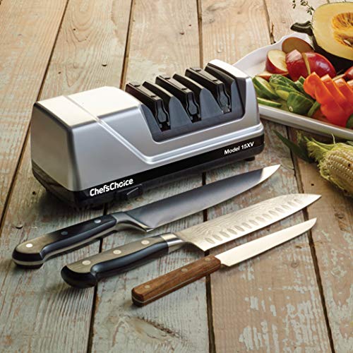 Chef’sChoice Trizor 15XV Professional Electric Knife Sharpener for Kitchen Knives with Diamond Abrasives and Precision Angle Guides, 75db, 3 Slots, Gray