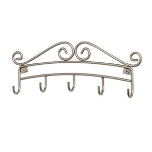 scroll wall mount 5 hook key rack office mudroom entryway organizer with hooks for coats, leashes, keys, scarves and more, satin nickel