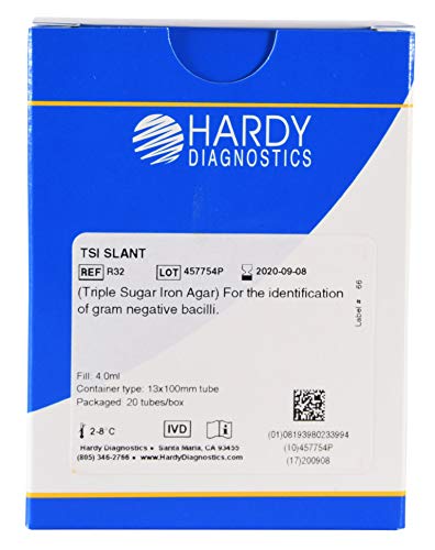 TSI (Triple Sugar Iron) Agar Slant, for the Identification of Enteric Bacteria, 4ml Fill, 13x100mm Tube, Order by the Package of 20, by Hardy Diagnostics