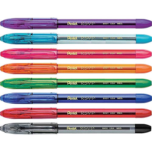 Pentel® R.S.V.P.® Ballpoint Pens, Medium Point, 1.0 mm, Clear Barrel, Assorted Ink Colors, Pack Of 8