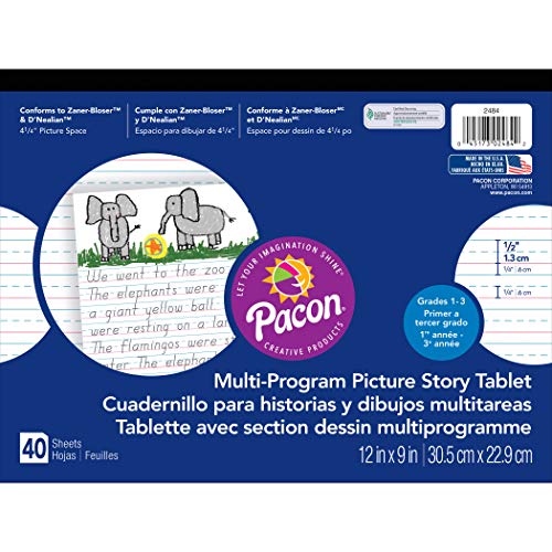 Pacon Handwriting Paper, D'Nealian Grades 1-3 / Zaner-Bloser Grade 2, 1/2" x 1/4" x 1/4" Ruled & 4-1/4" Picture Story Space 12" x 9", Ruled Long, 40 Sheets