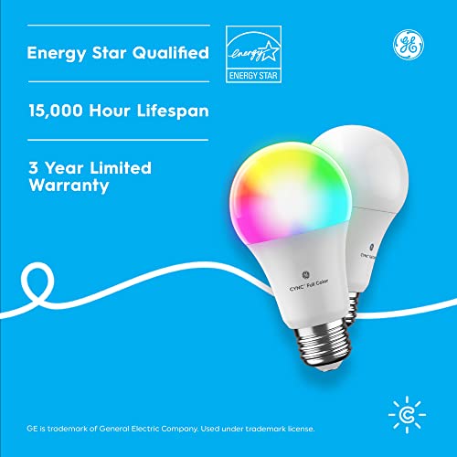 GE CYNC Smart LED Light Bulbs, Color Changing Lights, Bluetooth and Wi-Fi Lights, Works with Alexa and Google Home, A19 Light Bulbs, 2 count (Pack of 1)