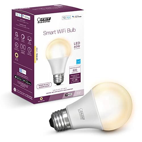 Feit Electric OM60/927CA/AG 60W Equivalent WiFi Dimmable, No Hub Required, Alexa Google Assistant A19 Smart LED Light Bulb, 4.4" H x 2.3" D, 2700K Soft White