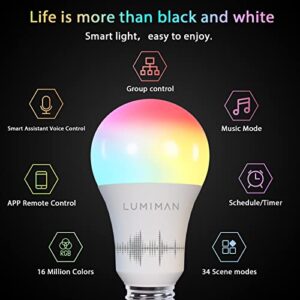 LUMIMAN Smart Light Bulbs, WiFi Alexa Light Bulb, LED Color Changing Dimmable Smart Bulb, Warm to Cool White A19 E26 7.5W 800LM, Works with Alexa Google Home, No Hub Required, 2 Pack