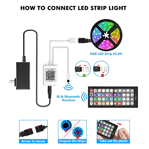 Nexillumi 65.6Ft LED Strip Lights Music Sync Color Changing RGB LED Strip 44-Key Remote, Sensitive Built-in Mic, App Controlled LED Lights Rope Lights, 5050 RGB LED Light Strip(APP+Remote+Mic)