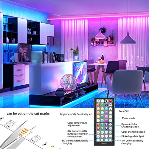 Nexillumi 65.6Ft LED Strip Lights Music Sync Color Changing RGB LED Strip 44-Key Remote, Sensitive Built-in Mic, App Controlled LED Lights Rope Lights, 5050 RGB LED Light Strip(APP+Remote+Mic)