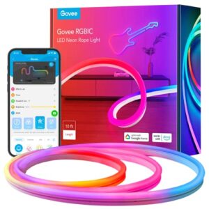 govee neon rope lights, rgbic rope lights with music sync, diy design, works with alexa, google assistant, gaming lights, 10ft led strip lights for bedroom living room decor (not support 5g wifi)