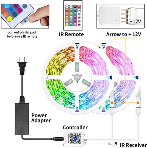 50ft Bluetooth LED Strip Lights, SMD5050 Music Sync LED Lights Strip，RGB Color Changing LED Lights with Remote, Smart Phone APP Control, LED Lights for Bedroom, TV, Room DIY (APP+Remote +Mic/50ftx1)