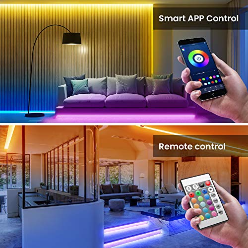 50ft Bluetooth LED Strip Lights, SMD5050 Music Sync LED Lights Strip，RGB Color Changing LED Lights with Remote, Smart Phone APP Control, LED Lights for Bedroom, TV, Room DIY (APP+Remote +Mic/50ftx1)