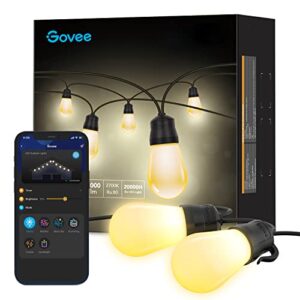 govee outdoor string lights, 48ft wifi alexa string lights with app control, ip65 waterproof outdoor lights with 15 dimmable warm white led bulbs for balcony, backyard, party