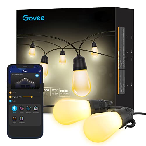 Govee Outdoor String Lights, 48ft WiFi Alexa String Lights with App Control, IP65 Waterproof Outdoor Lights with 15 Dimmable Warm White LED Bulbs for Balcony, Backyard, Party