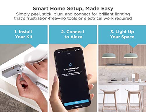 BLACK+DECKER Works with Alexa Smart Under Cabinet Lighting Kit, Adjustable LEDs, (6) 9" Bars, White,A Certified for Humans Device