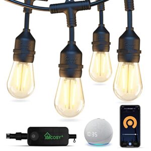 xmcosy+ outdoor string lights, smart patio lights 49ft, app wifi control, work with alexa, 15 led edison bulbs, waterproof, extendable, dimmable string lights for outside, patio, porch