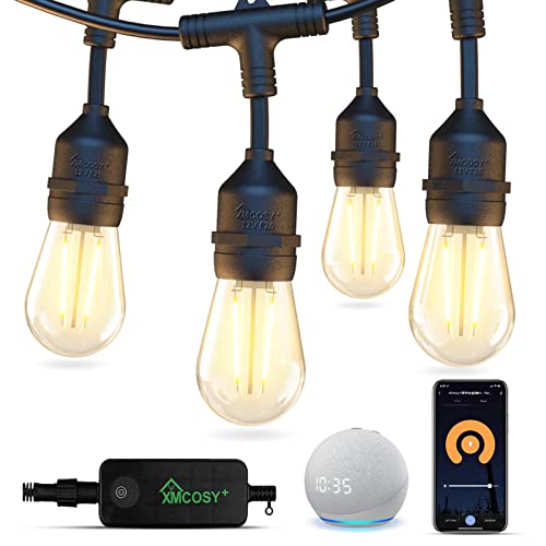 XMCOSY+ Outdoor String Lights, Smart Patio Lights 49Ft, APP WiFi Control, Work with Alexa, 15 LED Edison Bulbs, Waterproof, Extendable, Dimmable String Lights for Outside, Patio, Porch