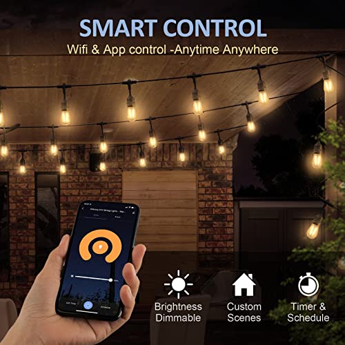 XMCOSY+ Outdoor String Lights, Smart Patio Lights 49Ft, APP WiFi Control, Work with Alexa, 15 LED Edison Bulbs, Waterproof, Extendable, Dimmable String Lights for Outside, Patio, Porch