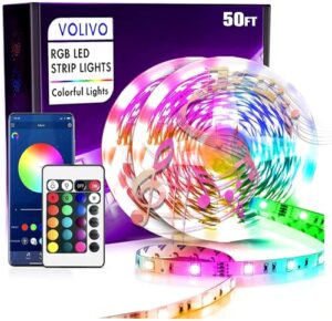 volivo smart bluetooth led lights 50ft, app controlled music sync led light strips with remote, 5050 rgb color changing led lights strip for bedroom, home, tv, kitchen