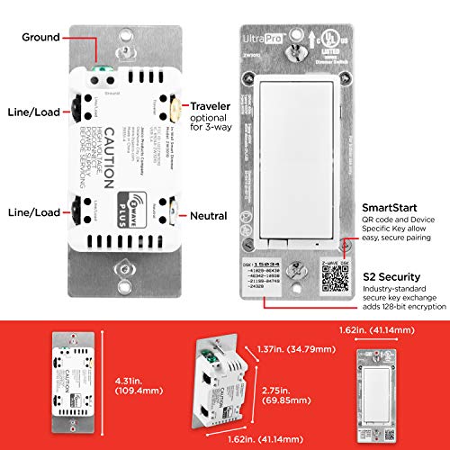 UltraPro Z-Wave Smart Rocker Light Dimmer with QuickFit and SimpleWire, 3-Way Ready, Works with Alexa, Google Assistant, ZWave Hub Required, Repeater/Range Extender, White Paddle Only, 2-Pack, 54897