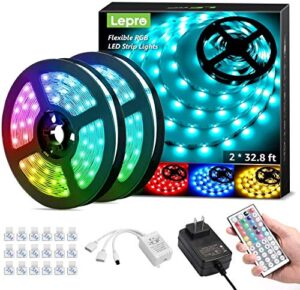 lepro 65.6ft led strip lights, ultra-long rgb 5050 led strips with remote controller and fixing clips, color changing tape light with 12v etl listed adapter for bedroom, room, kitchen, bar(32.8ftx 2)