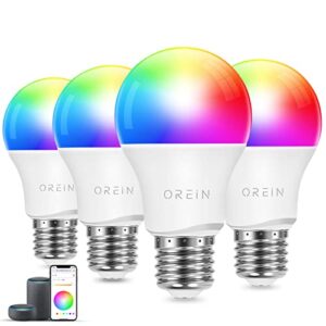 orein smart wifi light bulbs, music sync rgbtw led light bulbs color changing light bulb, a19 e26 60w equivalent, dimmable multicolor smart bulbs that work with alexa/google home, 800lm cri>90, 4 pack
