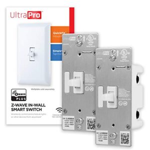 ultrapro z-wave smart toggle light switch with quickfit and simplewire, 3-way ready, compatible with alexa, google assistant, zwave hub required, repeater/range extender, white, 2-pack, 54912