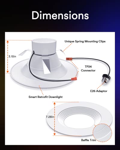 Lumary 5/6 Inch WiFi Smart LED Can Lights Retrofit Recessed Lighting - 13W 1100LM RGB Color Changing Downlight, Baffle Trim, Work with Alexa/Google Assistant/Siri, Bedroom, Kitchen, Living Room 4 Pcs