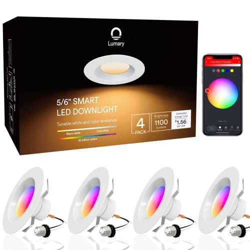 Lumary 5/6 Inch WiFi Smart LED Can Lights Retrofit Recessed Lighting - 13W 1100LM RGB Color Changing Downlight, Baffle Trim, Work with Alexa/Google Assistant/Siri, Bedroom, Kitchen, Living Room 4 Pcs