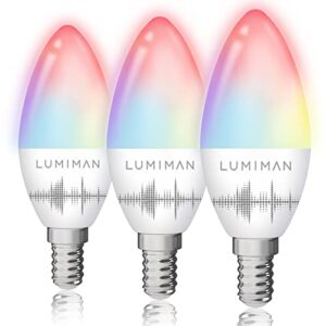 lumiman candelabra smart bulb e12 led smart light bulbs wifi rgb color changing smart lights that work with alexa google home music sync tunable white 5w 400lm no hub required 3 pack