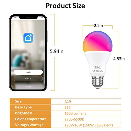 KHSUIN WiFi Smart Light Bulbs,16W 150W Equivalent 1600Lumen Ultra Bright E26 A19 Smart Bulb Work with Alexa,Google No Hub Required,Dimmable Led Full Color Changing Alexa Light Bulb,2 Pack