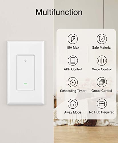 GHome Smart Switch, Smart Wi-Fi Light Switch Works with Alexa and Google Home 2.4Ghz, Single-Pole, Neutral Wire Required, UL Certified, Voice Control, No Hub Required (4 Pack)