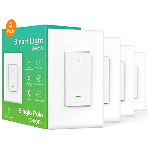 GHome Smart Switch, Smart Wi-Fi Light Switch Works with Alexa and Google Home 2.4Ghz, Single-Pole, Neutral Wire Required, UL Certified, Voice Control, No Hub Required (4 Pack)