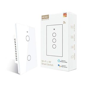 moes 2.4ghz wifi wall touch smart switch neutral wire required, 3 way multi-control, glass panel light switch work with smart life/tuya app, rf433 remote control, alexa and google home white 2 gang