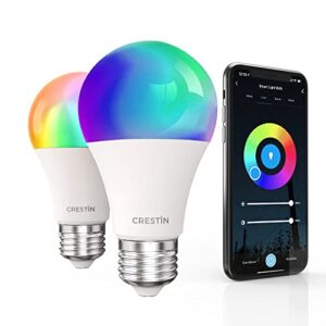 CRESTIN Smart Light Bulbs LED, RGBCW Color Changing Light Bulbs 2.4GHz WiFi &Bluetooth, Dimmable, Music Sync, Schedules, A19 E26, 9W=60W, 800LM Work with Alexa&Google Assistant, No Hub Required 2 Pack