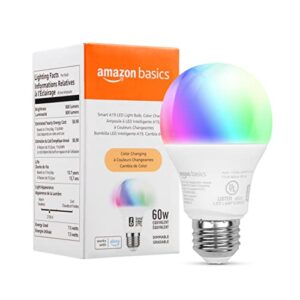 amazon basics smart a19 led light bulb, color changing, 2.4 ghz wi-fi, 60w equivalent 800lm, works with alexa only, 1-pack, certified for humans