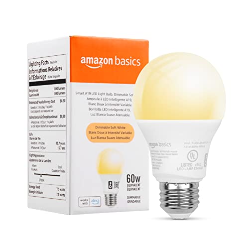 Amazon Basics Smart A19 LED Light Bulb, Dimmable Soft White, 2.4 GHz Wi-Fi, 60W Equivalent 800LM, Works with Alexa Only, 1-Pack, Certified for Humans