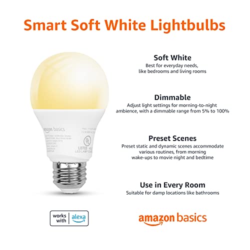 Amazon Basics Smart A19 LED Light Bulb, Dimmable Soft White, 2.4 GHz Wi-Fi, 60W Equivalent 800LM, Works with Alexa Only, 1-Pack, Certified for Humans
