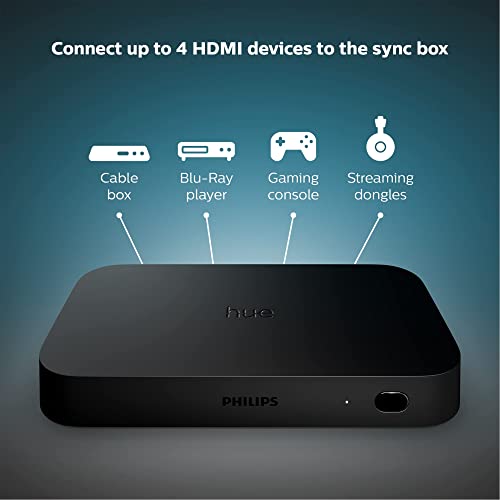 Philips Hue Play HDMI Sync Box to Sync Hue Colored Lights With Music, Movies, and More, HDMI 4K Splitter, 4 HDMI In 1 Out, Philips Hue Bridge and Philips Hue Colored Lights Required